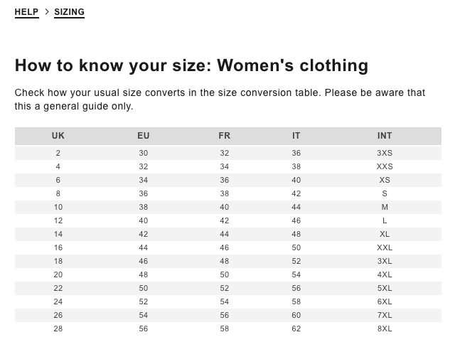 sizing chart