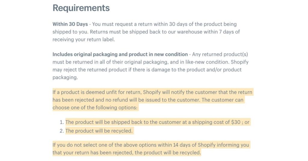 Shopify return policy