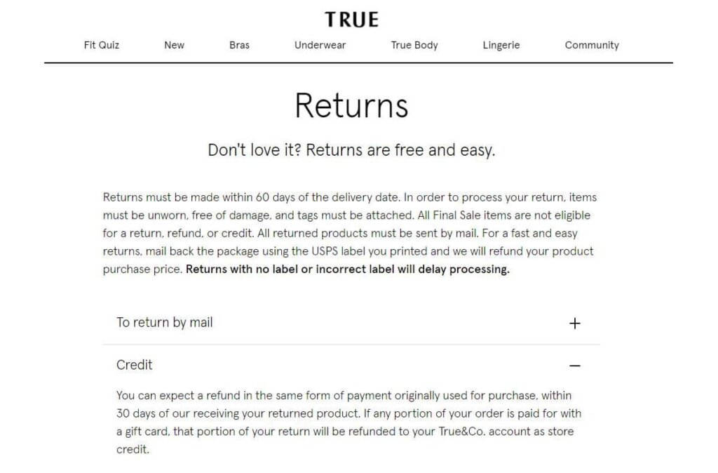 True & Co's return policy