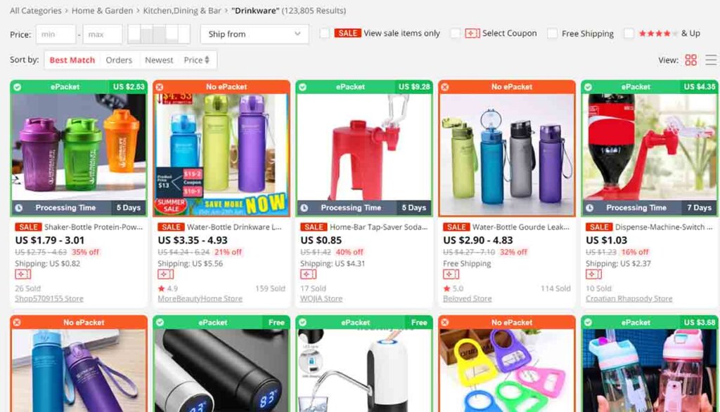 Using filters to find products on AliExpress